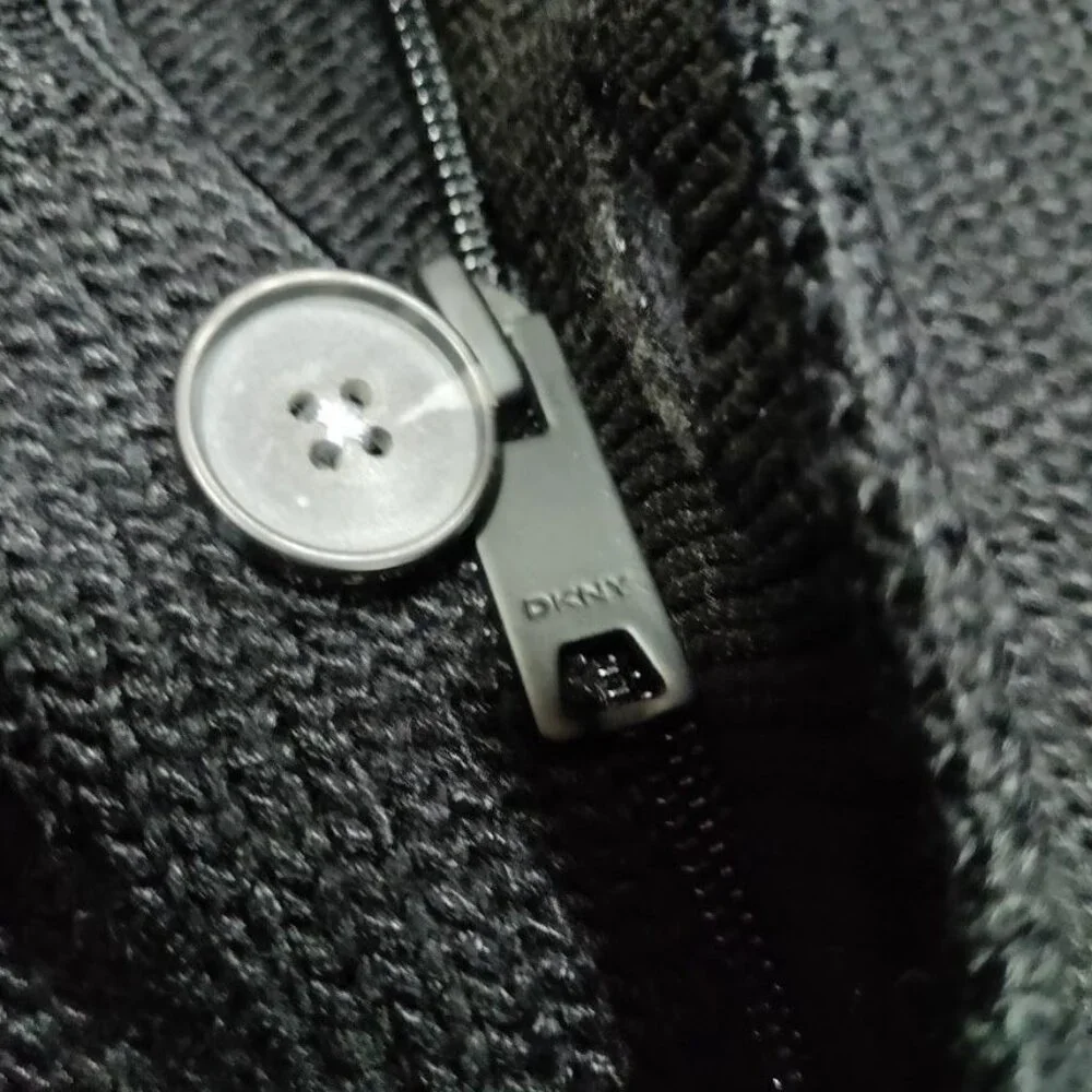 DKNY Classic Black Knit Sweater Men's Medium Button Zipper Front Pockets Ribbed - Picture 6 of 10